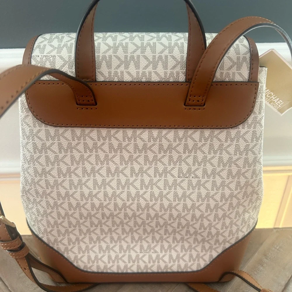 Michael Kors Beige Logo Convertible Backpack with Brown Trim